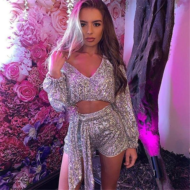 Sequin Sparkly Patchwork Bow Tie Short Two Piece Dress
