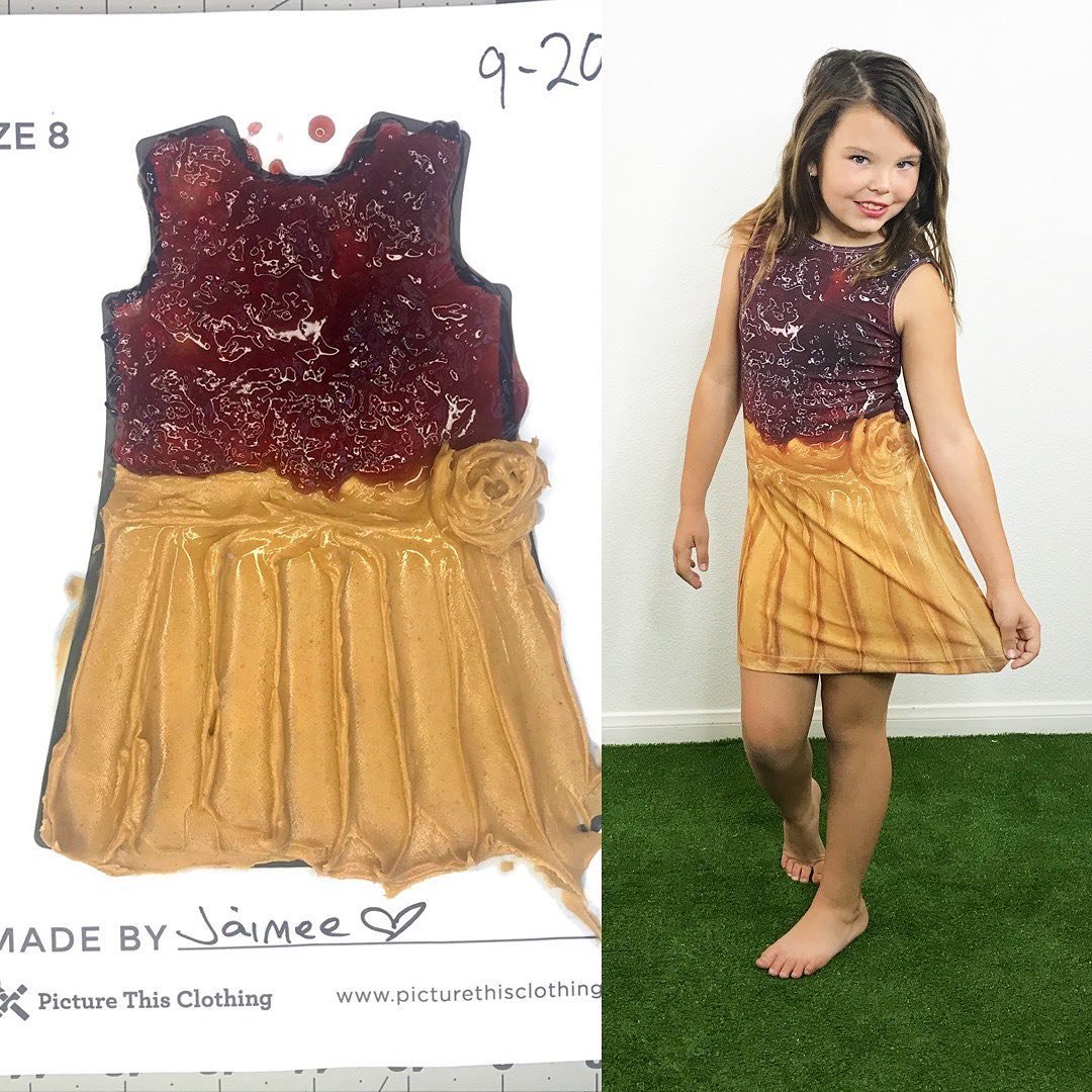 Model Gigi wearing a dress designed from real Peanut Butter & Jelly on a PTC template
