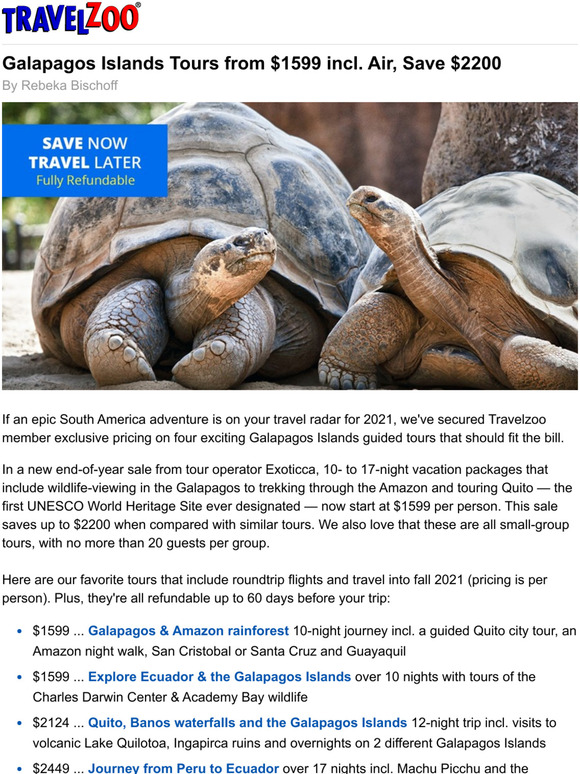 Travelzoo Galapagos Islands Tours from 1599 incl. Air, Save 2200