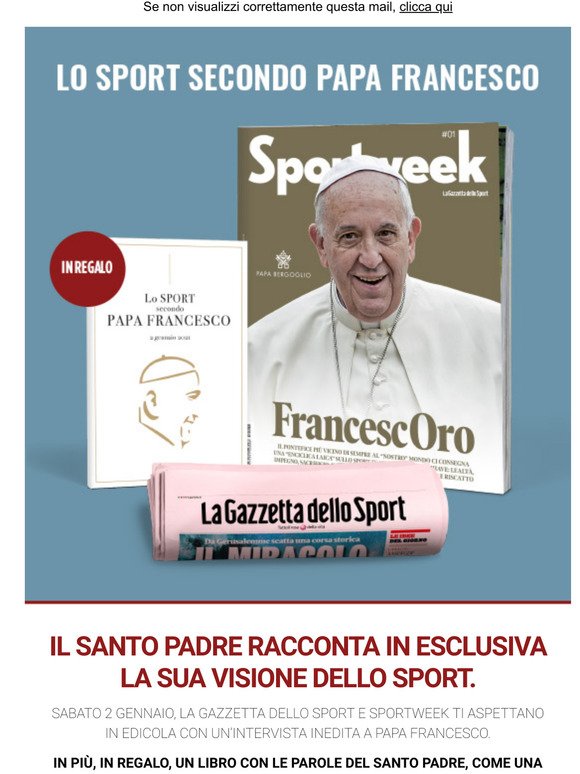 Domani in edicola Gazzetta e Sportweek con intervista a Papa Francesco