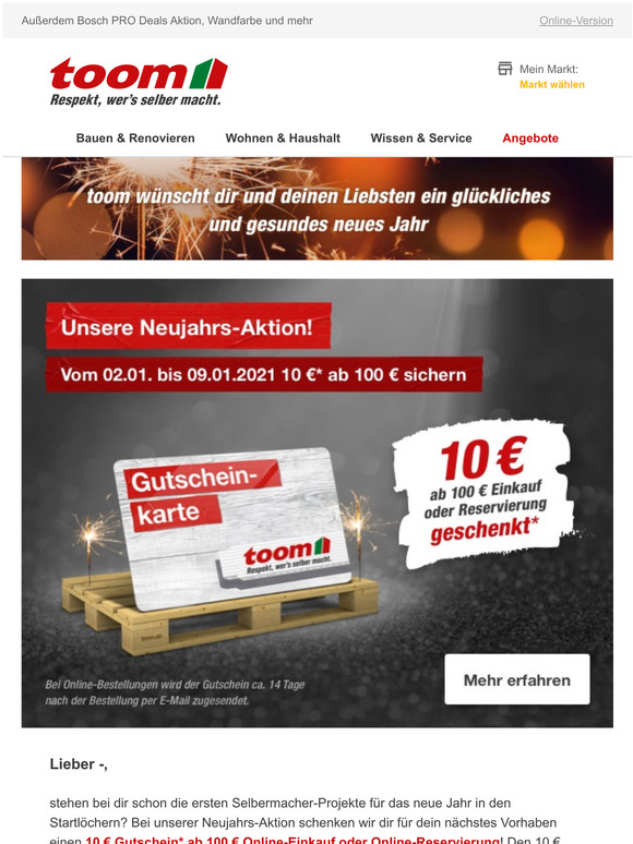 Toom 10 € ab 100 € geschenkt mit der toom NeujahrsAktion Milled