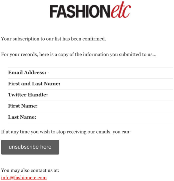 FashionEtc.com: Subscription Confirmed