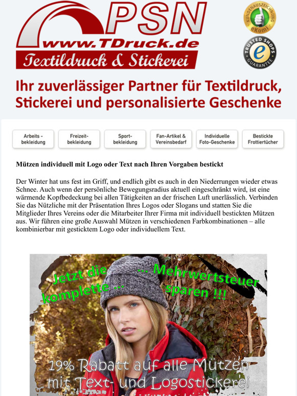 Mützen mit Text- und Logostickerei - sparen Sie jetzt die komplette Mehrwertsteuer