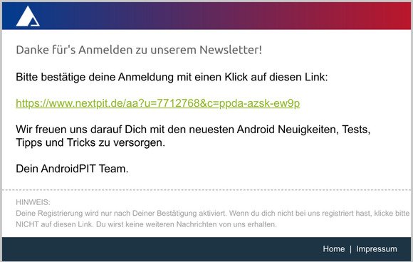 AndroidPIT Newsletter Bestätigung