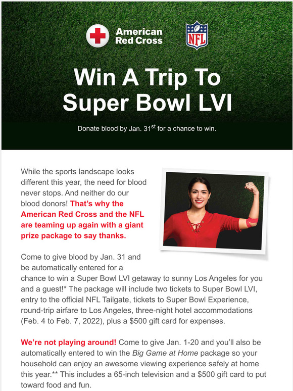 Give blood now and earn a chance to win a trip to Super Bowl LVI