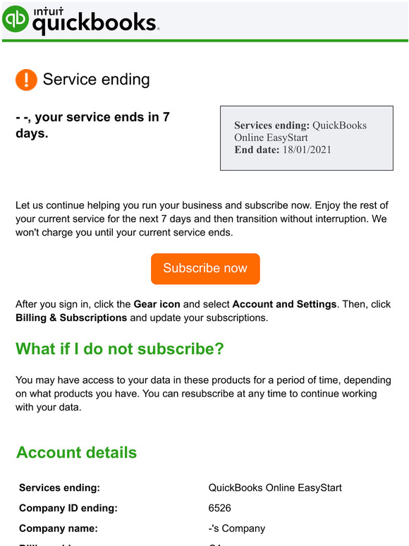 Your QuickBooks service ends in 7 days.