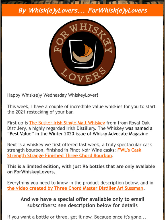 Hey  WhiskeyLovers: - $5 Off A Limited Three Chord Bottling & Busker Irish Whiskey