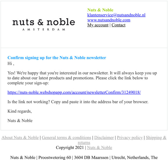 Confirm signing up for the Nuts & Noble newsletter