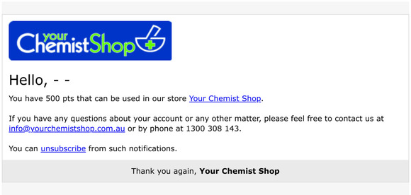 Reward Points Balance Updated at Your Chemist Shop