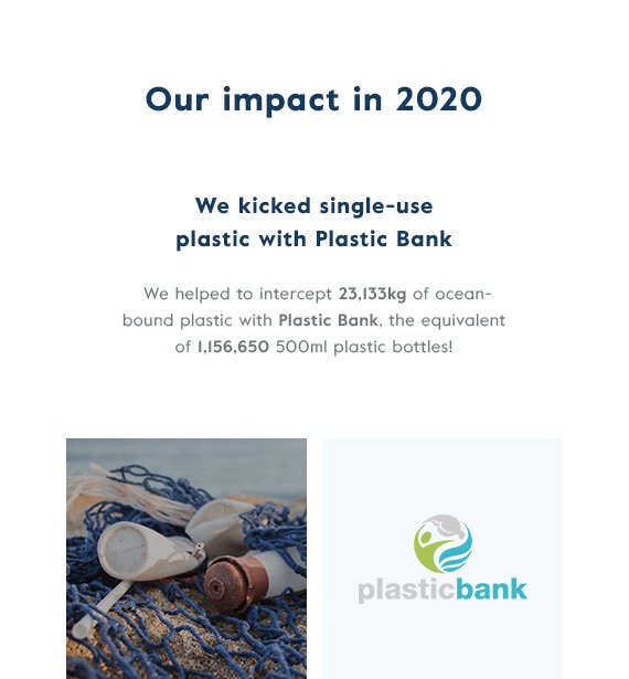 Our impact in 2020 - We helped to intercept 23,133 kg of ocean-bound plastic with Plastic Bank, the equivalent of 1,156,650 500ml plastic bottles!