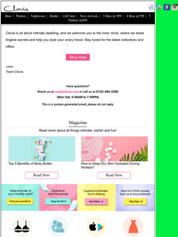 Thanks for signing up for Clovia's newsletter. Stay updated on offers & new releases!