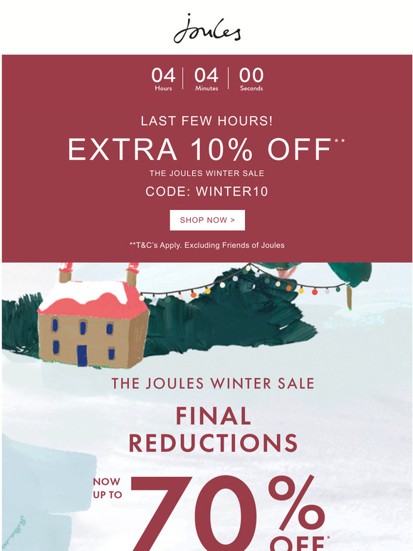 Joules (US) Only a few hours left. Extra 10 off our Winter Sale! Milled
