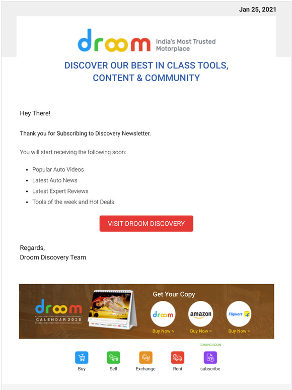 Confirmation Mail for Droom Newsletter Subscription