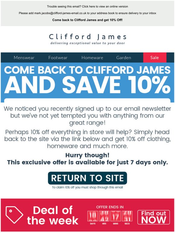 Grab a great welcome gift from Clifford James!