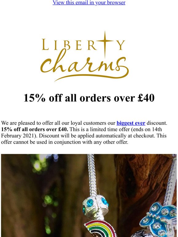 15% off all orders over £40, limited time offer.