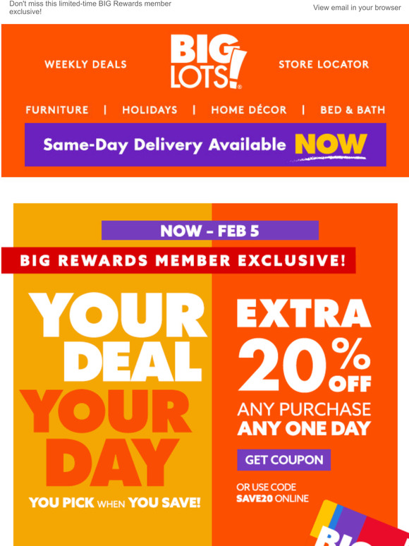 Big Lots 20 Coupon is here! You choose when to use! Milled