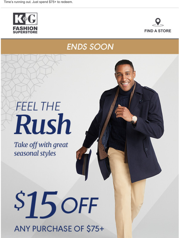 K&G Fashion Super Store Stroll into stores with 15 OFF. Milled