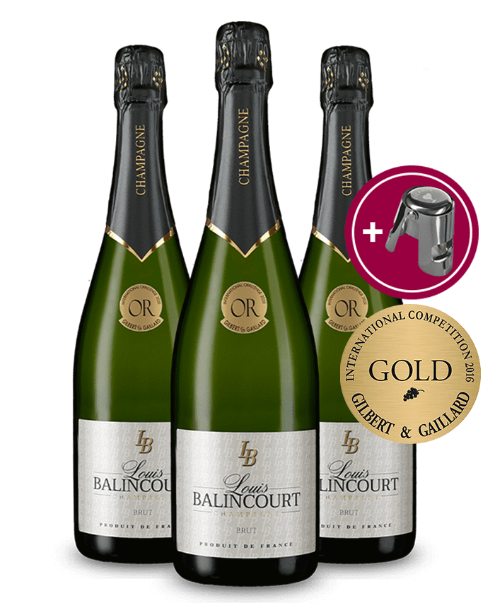 Vergoldeter Champagner-Geheimtipp: Champagne Louis Balincourt 3 Flaschen Champagne Blanc Brut + Flaschenverschluss gratis