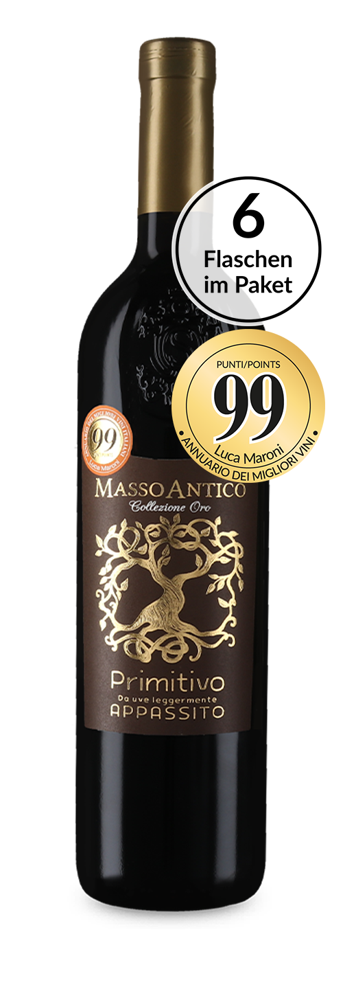 Primitivo-Genusskracher: Cantine di Ora 6 Flaschen Masso Antico Primitivo Appassito Collezione Oro 2019