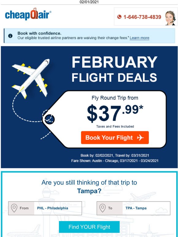 CheapOair February Flight Deals Fly Round Trip from 37.99 Milled