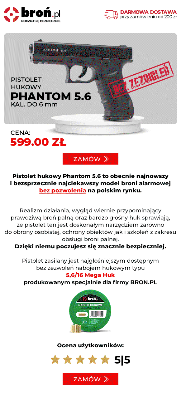 Sprawdź Pistolet Hukowy PHANTOM 5.6! Dostępny bez zezwolenia! Zasilany najgłośniejszymi nabojami hukowymi na rynku!
