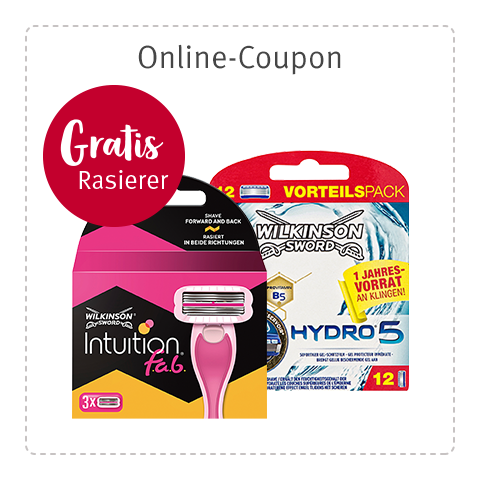 Coupon: 1 x Wilkinson Hydro oder Intuition Klingen-Packung (Hydro Silk, Intuition Complete, Hydro 5, Hydro 3, Intuition Sensitive oder Intuition f.a.b.) kaufen - gratis Rasierer (Hydro 3, Hydro 5 oder Intuition) erhalten.¹