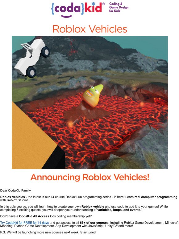 Codakid Announcing Roblox Vehicles Course Has Released Milled - basic roblox lua programming free