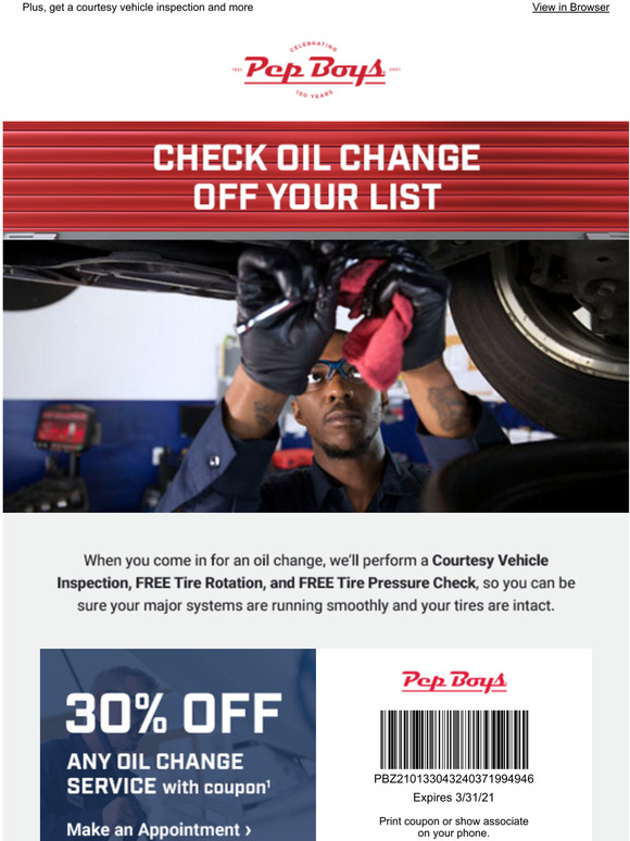 Pep Boys Save 30 on your next expert oil change Milled