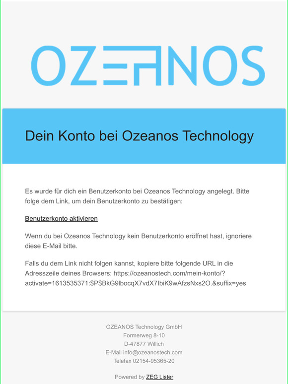 Aktiviere dein Benutzerkonto auf Ozeanos Technology