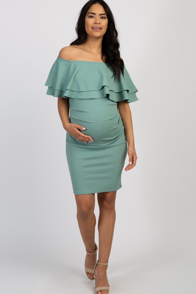 pink blush maternity off the shoulder dress