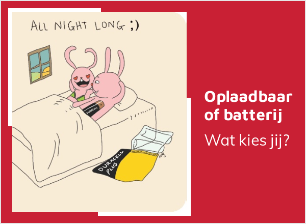 Twee konijnen in bed. Eén met batterijen in zijn rug. Oplaadbaar of Batterij, wat kies jij?