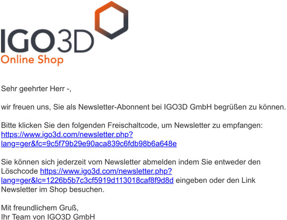 Ihr Newsletter Freischaltcode von IGO3D GmbH