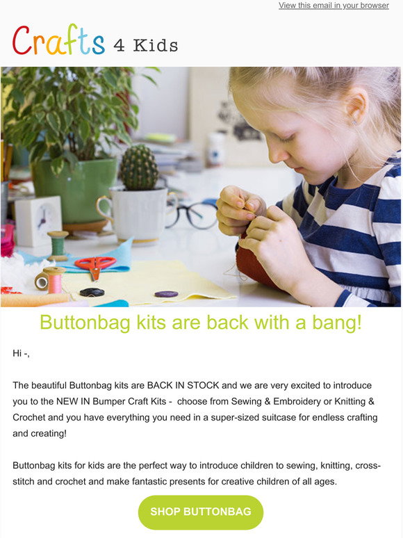 Buttonbag Crafts4Kids: Buttonbag kits are back with a bang! | Milled