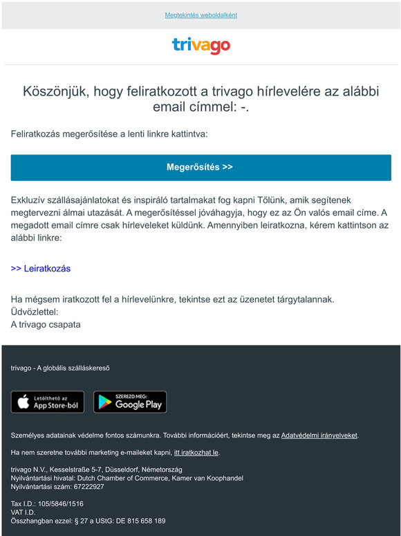 Trivago hrlevl feliratkozs megerstse