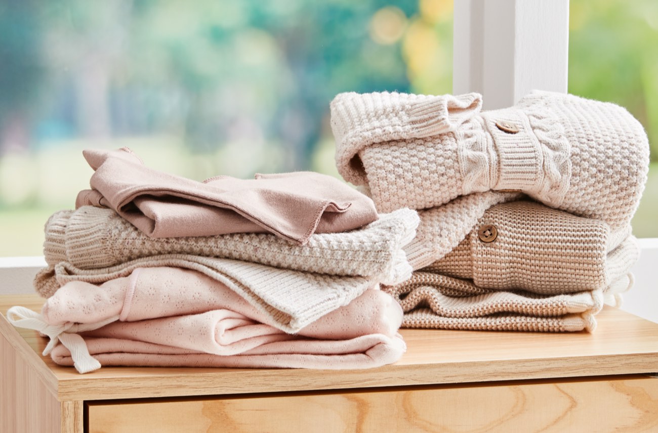Organic cotton knit cardigan $10ea. Organic cotton knit pant $10ea.