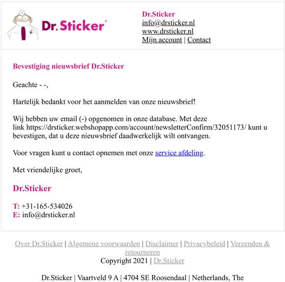 Bevestiging nieuwsbrief Dr.Sticker