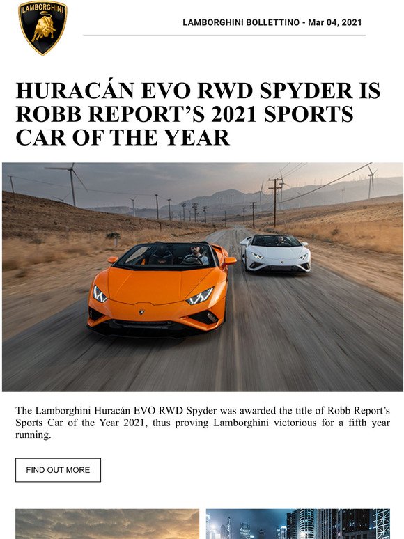 Huracn evo rwd spyder is robb reports 2021 sports car of the year