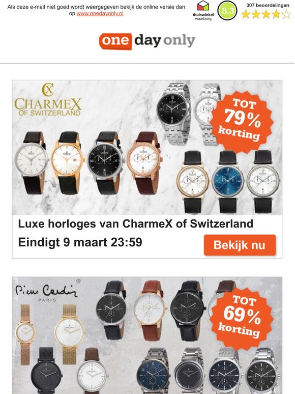 Onedayonly.nl: korting op luxe horloges van CharmeX of Switzerland | -69% korting op Cardin horloges | En Komono horloges vanaf 24,95! | Milled