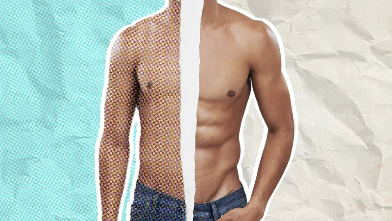Man with no abs and man with abs split with ripped tear