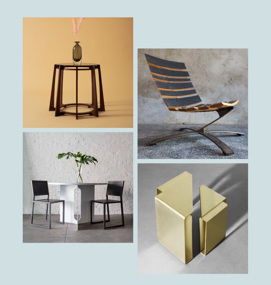 16/45 End Table, Bilge Lounge Chair, Trilo Table, 1x1 Chair, Fold end Table Brass