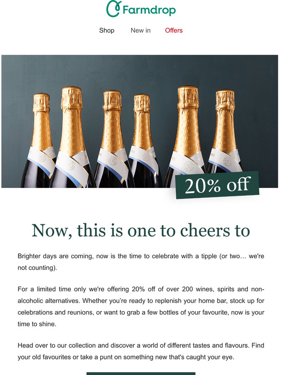 20% off over 200 wines and spirits. Cheers!