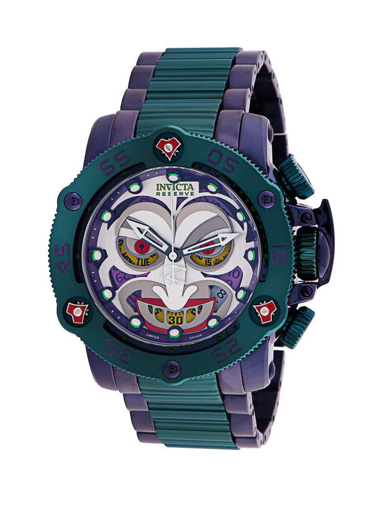 Invicta DC Comics Joker Quartz Men's Watch - 52.5mm Stainless Steel Case, Stainless Steel Band, Purple, Green (34936)
