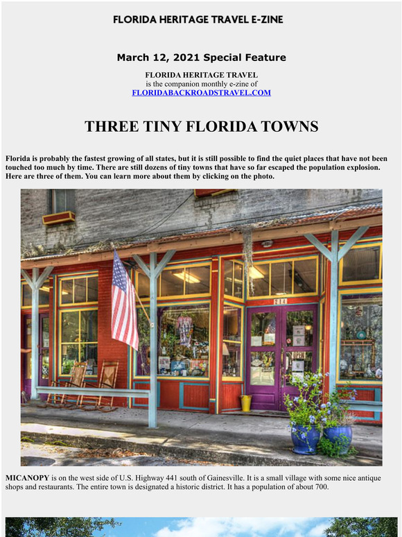 Florida Heritage Travel, March 12,  2021 - 3 Tiny Towns