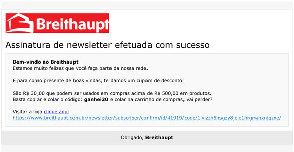 Assinatura de newsletter efetuada com sucesso