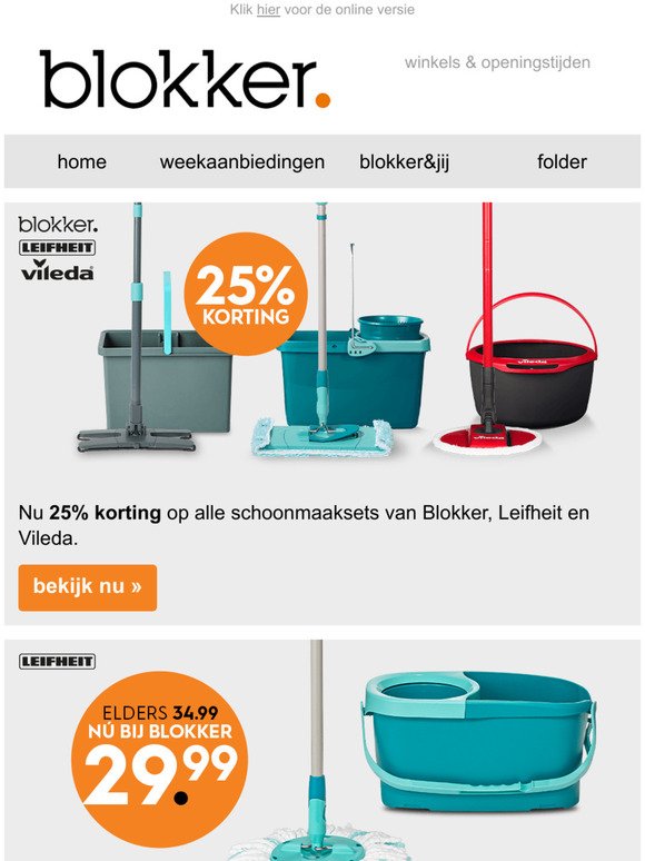 baard Verlaten totaal Blokker NL: 25% korting op schoonmaaksets van Blokker, Leifheit en Vileda |  2+1 gratis op diverse gekleurde vouwkratten | Milled