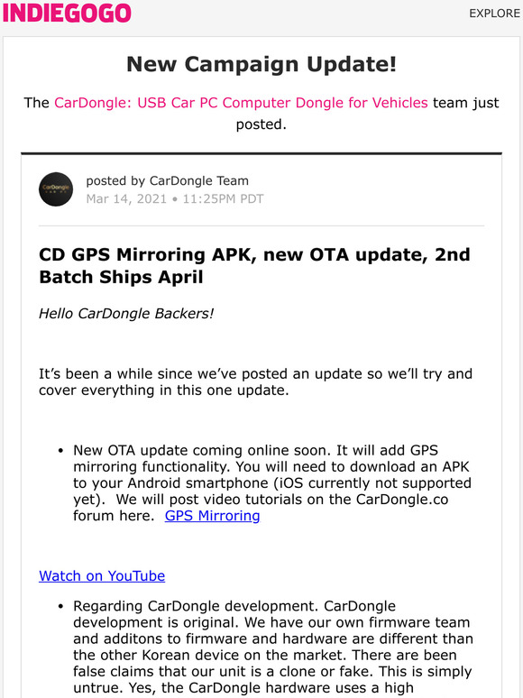 Indiegogo: Update #18 from CarDongle: USB Car PC Computer Dongle