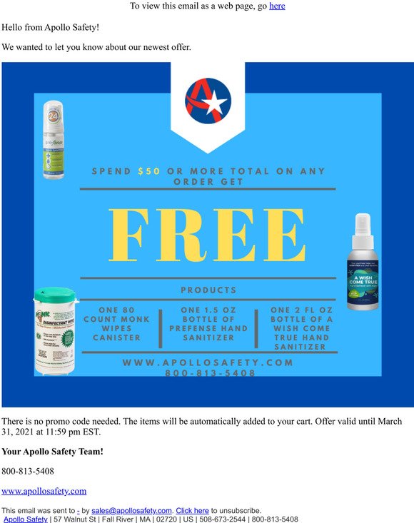 Apollo Safety - Spend $50 or More Receive Three FREE Products!