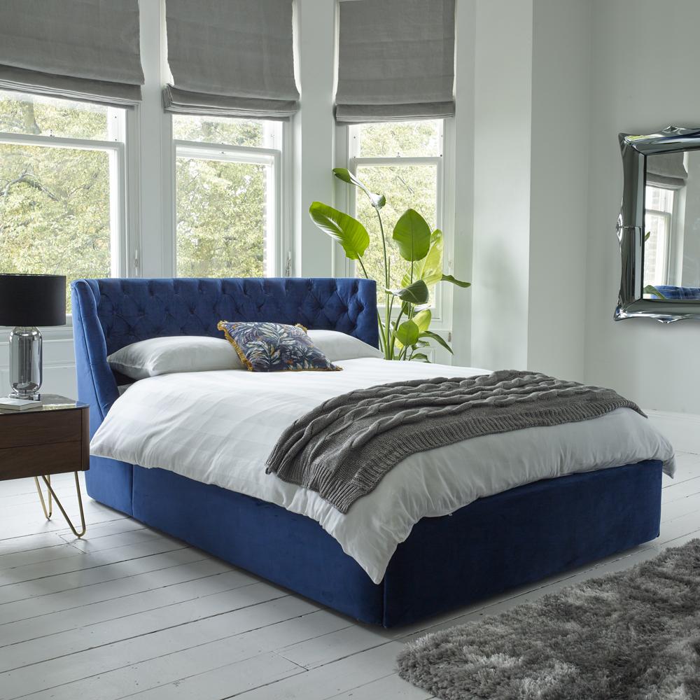 Cavendish II velvet kingsize bed with storage blue