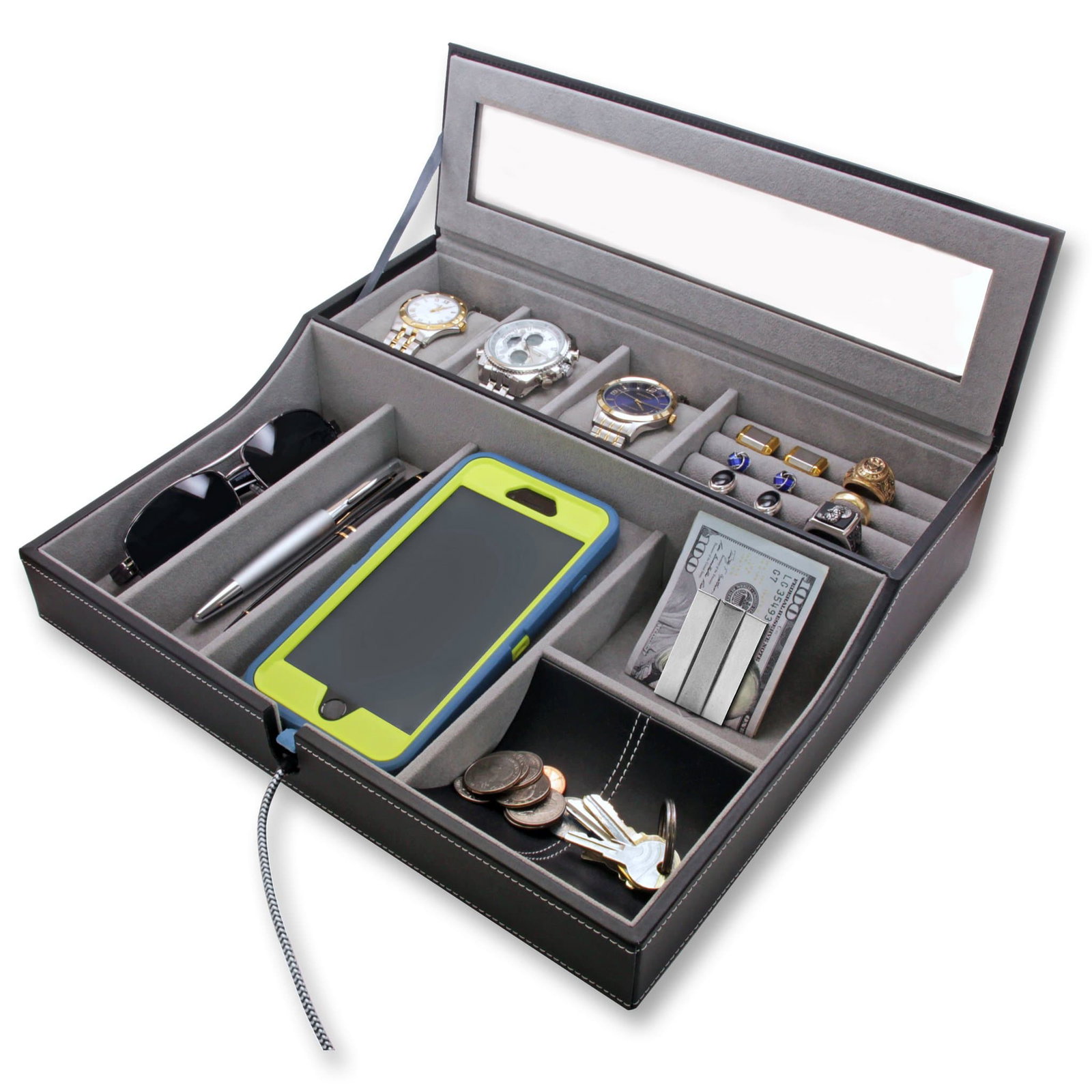 Image of Navigator - Big Dresser Valet Tray Organizer w/Watch Box & Charging Station