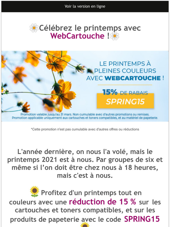 Promo Printemps15 % de remise sur les compatibles et les produits de papeterie